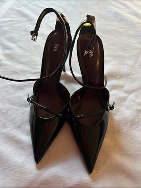ZARA Black Patent Pointed Toe Strappy Ankle-Heel Pumps